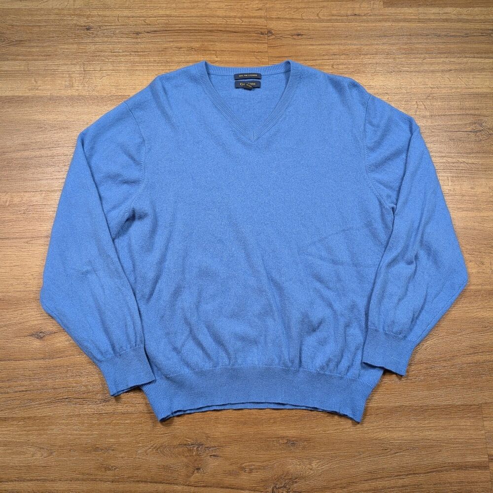 Club Room 100% Fine Cashmere V-Neck Sweater Mens Size Large Blue Solid Knit